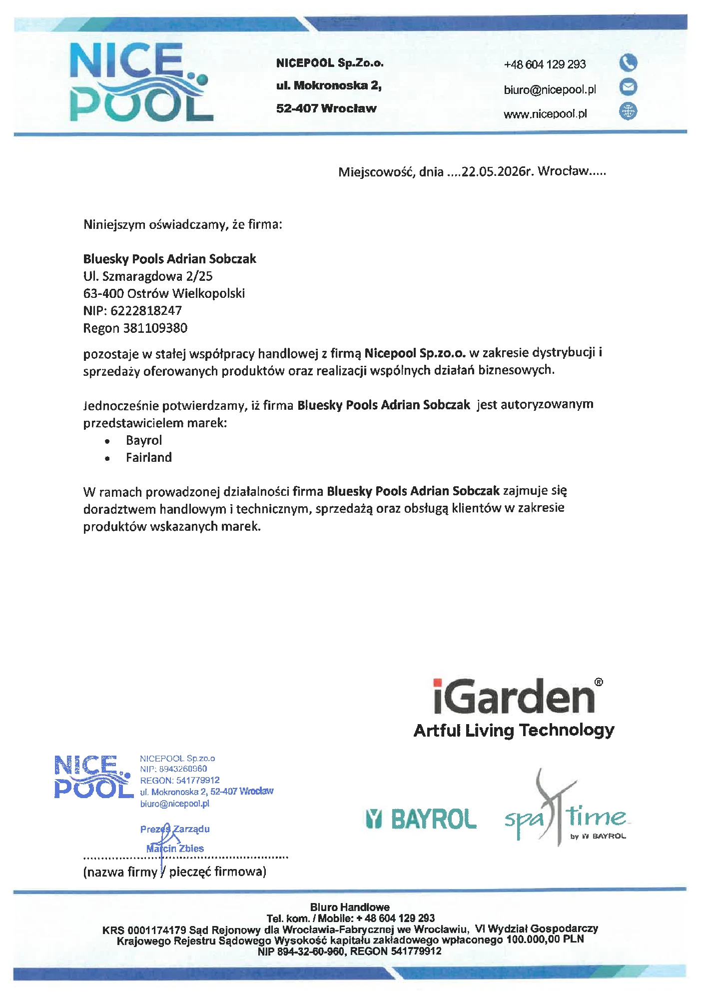 Certyfikat autoryzacji — Blue Sky Pools autoryzowany przedstawiciel marek Bayrol i Fairland (Nicepool)