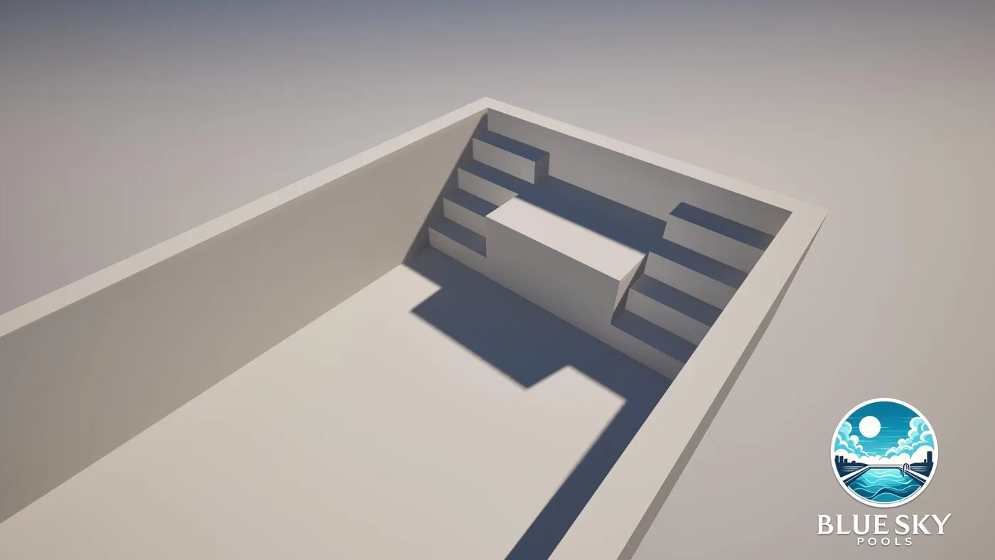Wewnętrzne schody basenu z szarą folią i nowoczesną geometrią