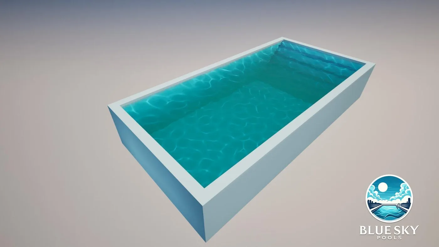 Wizualizacja 3D basenu z turkusową folią i schodami