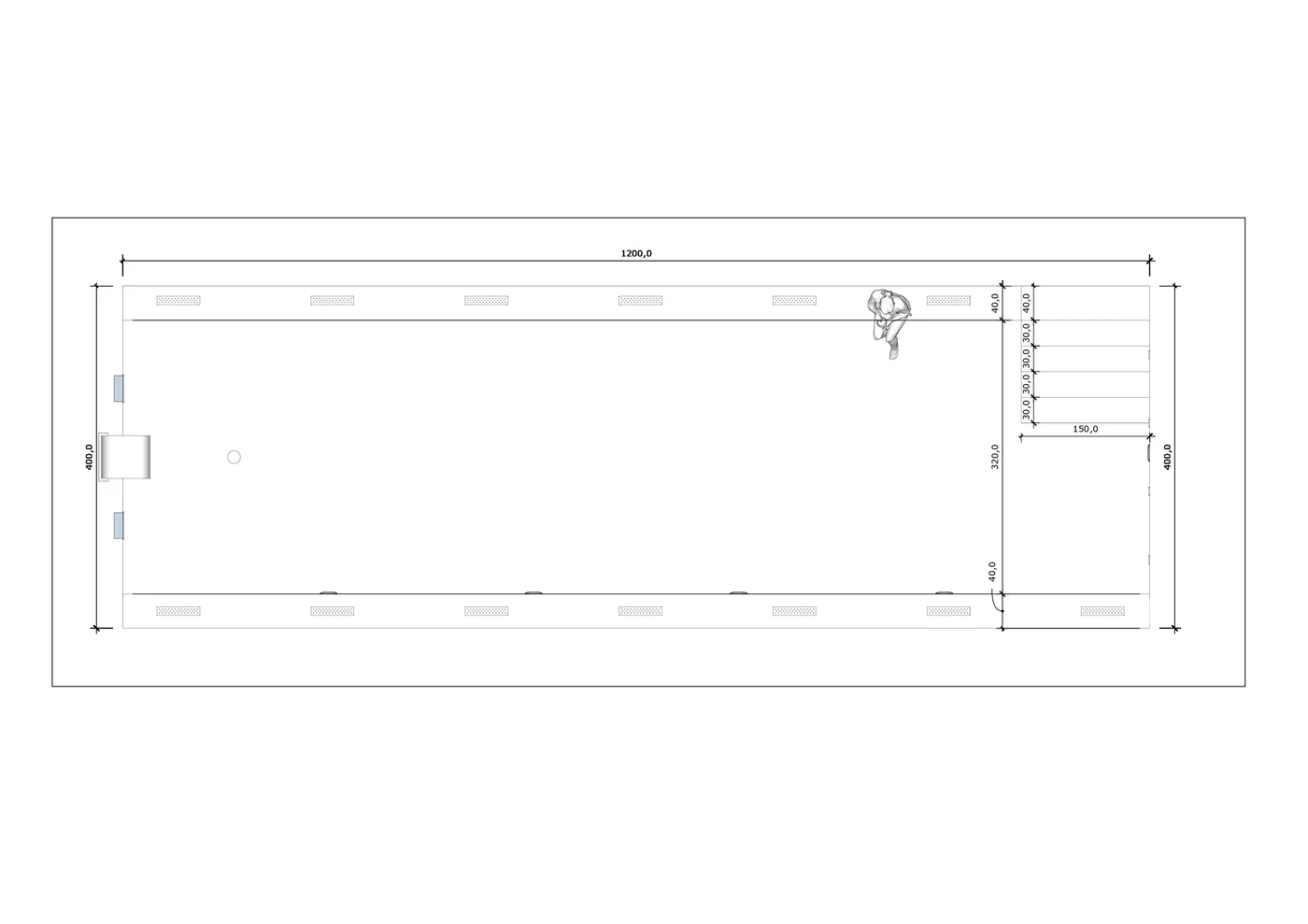 Rzut techniczny basenu 12×4 m — plan z wymiarami i oznaczeniami