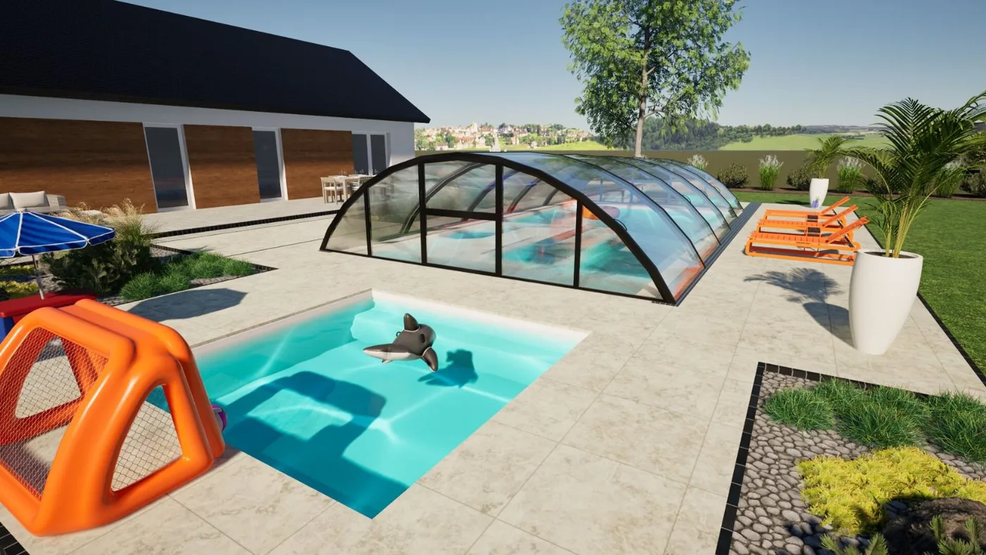 Projekt basenu betonowego — widok 3D z otoczeniem