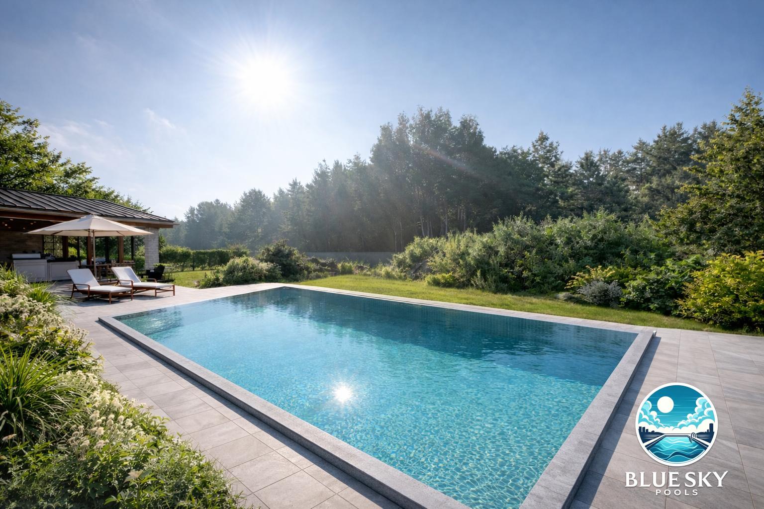 Basen betonowy prostokątny z niebieską folią, zadaszenie tarasowe, otoczony zielenią, technika basenowa Blue Sky Pools