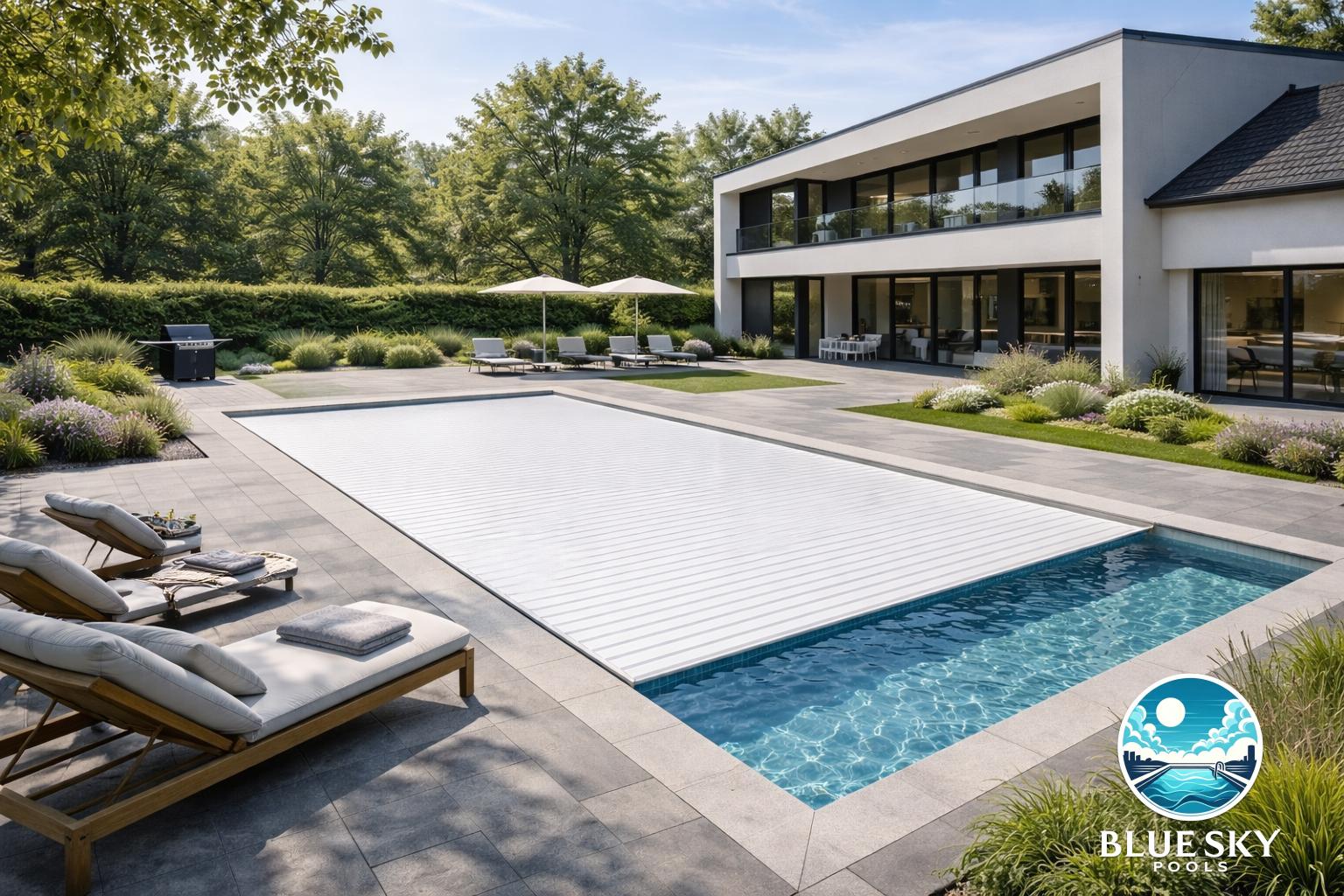 Basen betonowy z automatycznym zadaszeniem basenowym, niebieska folia, nowoczesny dom, technika basenowa Fairland, leżaki poolside