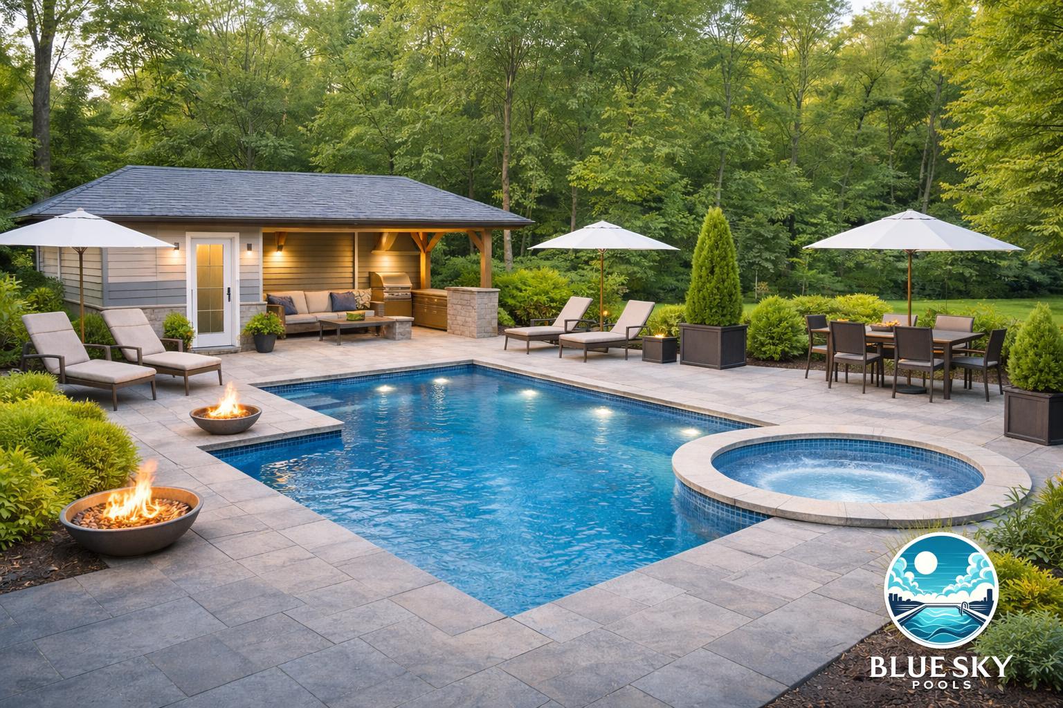 Basen betonowy z jacuzzi, zadaszenie basenowe typu altana, technika basenowa Fairland, niebieska folia PVC