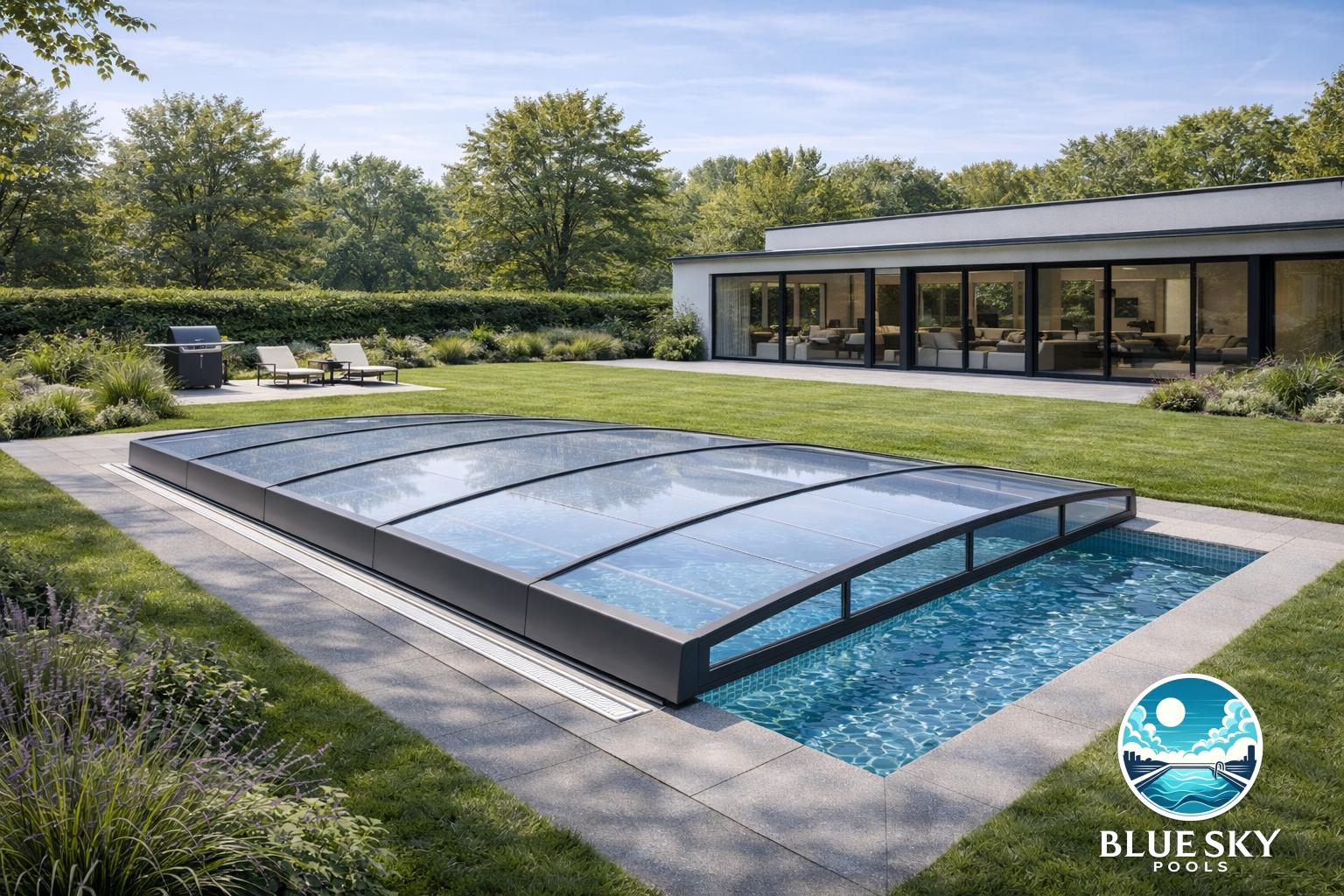 Basen betonowy z nowoczesnym zadaszeniem basenowym, niebieska folia, nowoczesna architektura, technika basenowa Blue Sky Pools