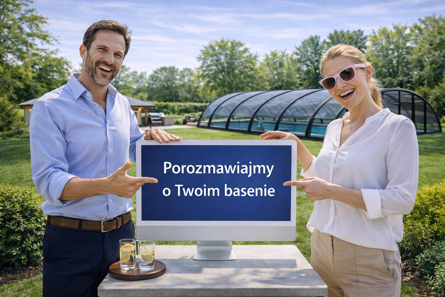 Para ekspertów SEO omawia zadaszenie basenowe przy basenie betonowym z pompą ciepła Fairland w tle